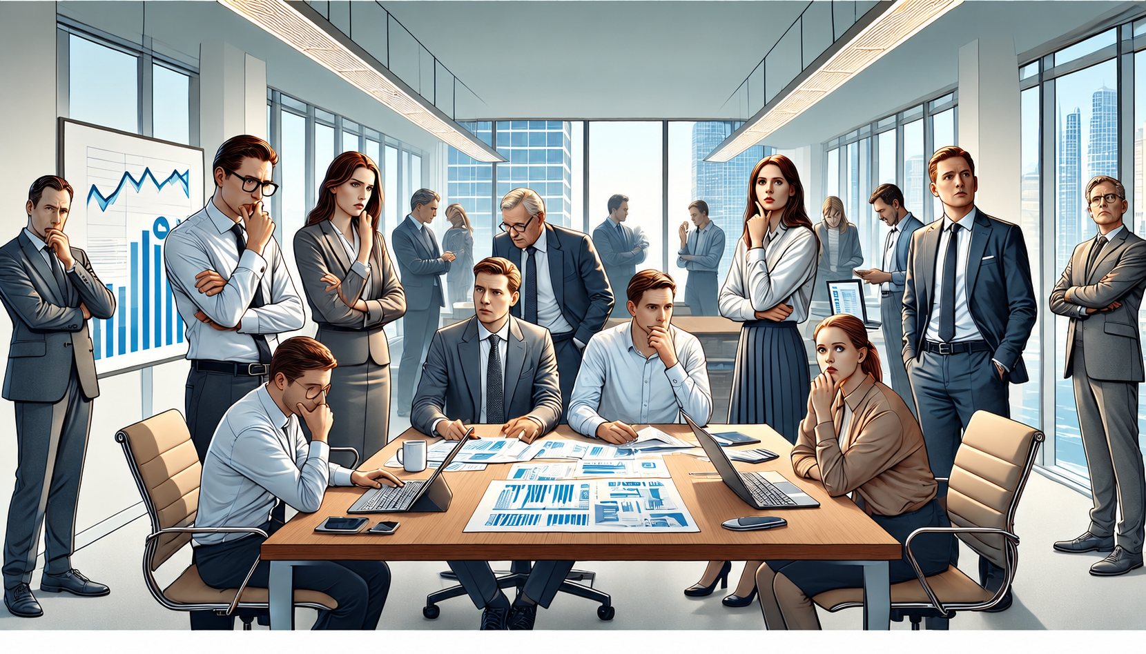 Illustration de nombreux collègues en tenue de bureau, pensifs et inquiets, réunis autour d'une table couverte de documents et d'ordinateurs portables dans un bureau lumineux.