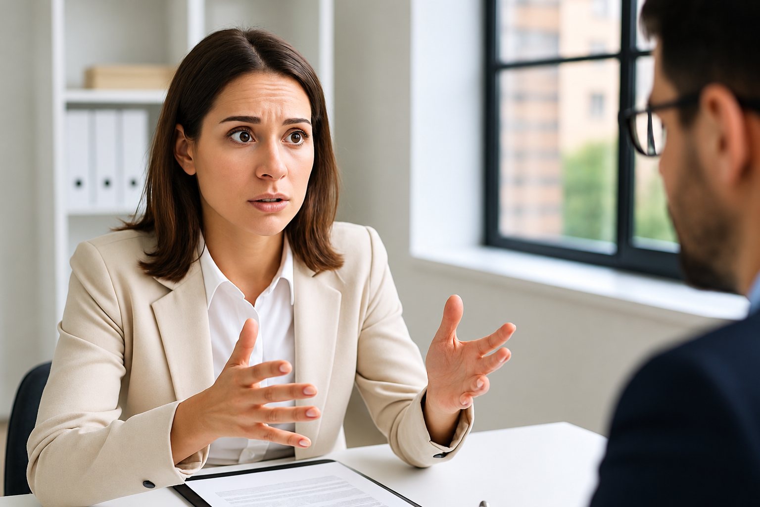Une femme en blazer beige gesticule en parlant à un homme de dos, assis face à elle à une table de bureau près d'une fenêtre.